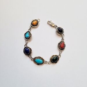 Multi-Stone Sterling Silver Bracelet Native American Handmade